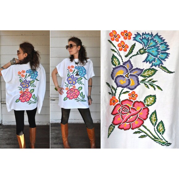 Mexican Embroidered Oversized Blouse Cross Stitches Blouse Back & Front Boho - Picture 4 of 5